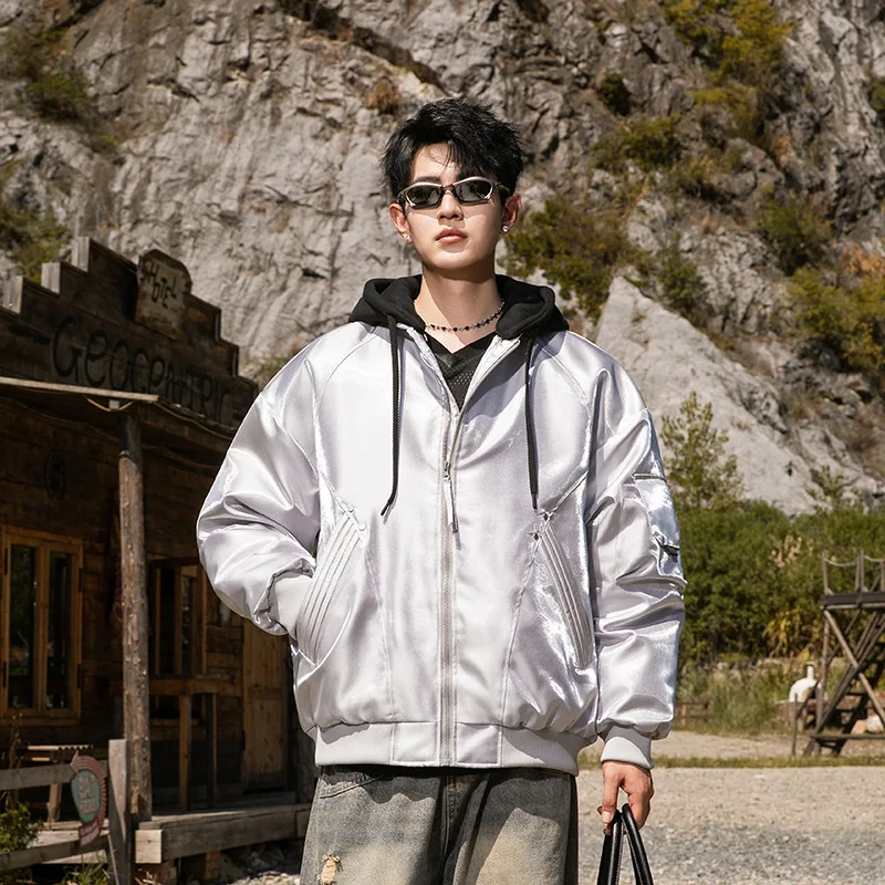 Men Women Winter Streetwear Metallic Glossy Loose Casual Hooded Down Jacket Fashion Warm Thick Down Bomber Coat Varsity Jacket - Image 2