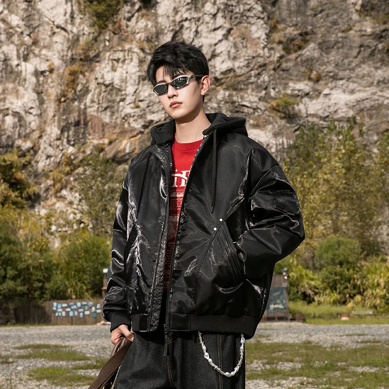 Men Women Winter Streetwear Metallic Glossy Loose Casual Hooded Down Jacket Fashion Warm Thick Down Bomber Coat Varsity Jacket - Image 3