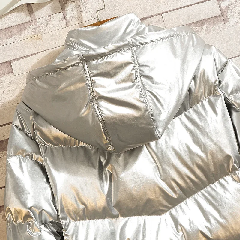 YASUGUOJI New 2024 Fashion Bright Silver Winter Man Jacket Thick Cotton Padded Mens Jackets and Coats Hooded Warm Long Parka Men - Image 5