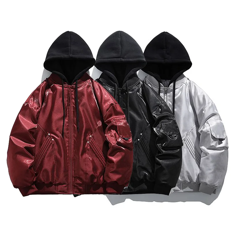 Men Women Winter Streetwear Metallic Glossy Loose Casual Hooded Down Jacket Fashion Warm Thick Down Bomber Coat Varsity Jacket - Image 6