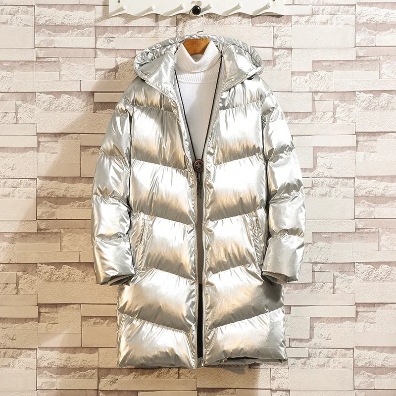 YASUGUOJI New 2024 Fashion Bright Silver Winter Man Jacket Thick Cotton Padded Mens Jackets and Coats Hooded Warm Long Parka Men - Image 2