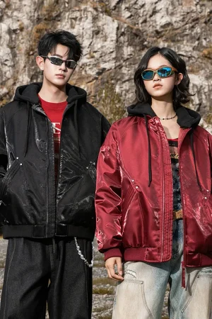 Men Women Winter Streetwear Metallic Glossy Loose Casual Hooded Down Jacket Fashion Warm Thick Down Bomber Coat Varsity Jacket