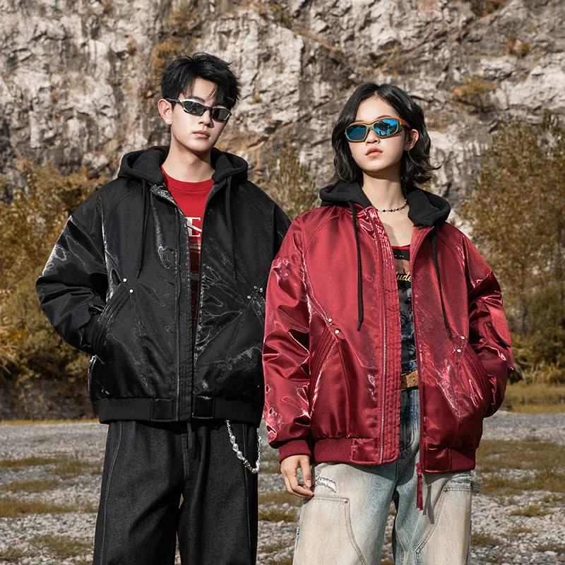 Men Women Winter Streetwear Metallic Glossy Loose Casual Hooded Down Jacket Fashion Warm Thick Down Bomber Coat Varsity Jacket