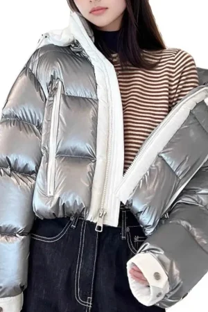 Machine Washable Silver Puffer Jacket 2025 Detachable Hood Short Quilted Coat Trendy Thick Bomber Style Parka​