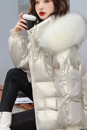 2025 Winter Fashion New Warm Duck Down Jacket Women's Clothes Glossy Fur collar Thicken Parka Short Down Coat Female Trend