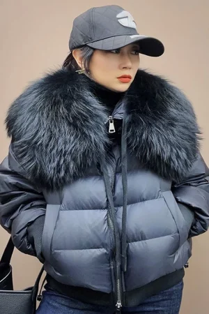 2023 Winter Puffer Jacket Women Large Real Raccoon Fur Collar Short Female Parkas Thick Warm 90% Goose Down Coat Loose