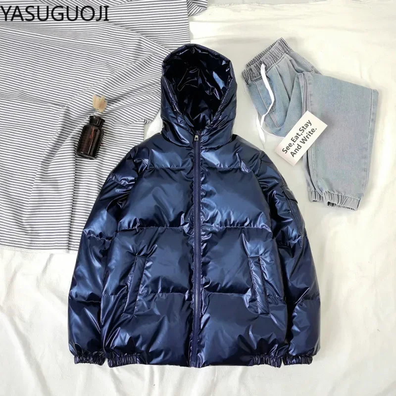 Streetwear Fashion Bright Silver Puffer Jackets for Men Thicken Winter Mens Coats Casual Hooded Cotton Wadded Heated Jacket Men - Image 3