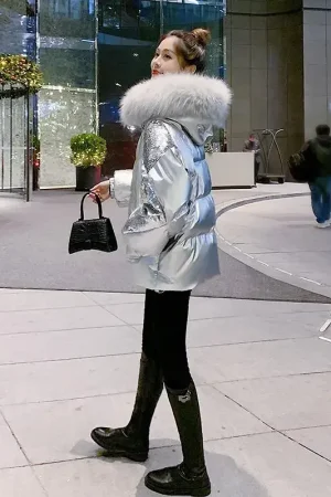 Winter Silver Glossy Down Jacket New Women's big fur neck hooded coat Female Thicken Parkas Fashion Short sequined jackets XQ331