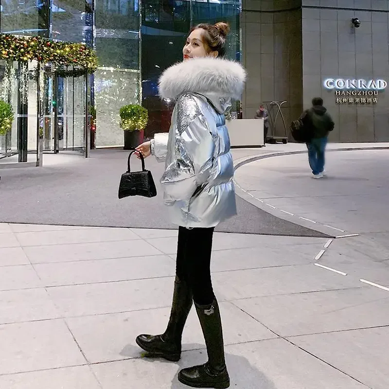 Winter Silver Glossy Down Jacket New Women's big fur neck hooded coat Female Thicken Parkas Fashion Short sequined jackets XQ331