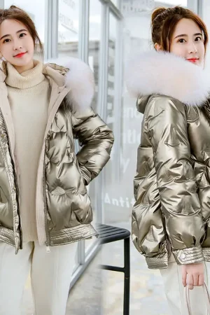 2023 Winter White Duck Down Jacket Hooded Faux Fox Fur Collar Shiny Women's Down Jacket Warm Female Short Parkas