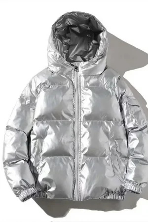 Streetwear Fashion Bright Silver Puffer Jackets for Men Thicken Winter Mens Coats Casual Hooded Cotton Wadded Heated Jacket Men