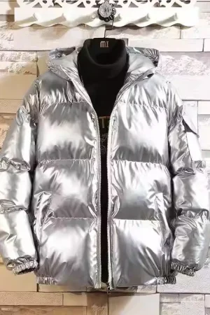 YASUGUOJI New 2024 Fashion Bright Silver Winter Man Jacket Thick Cotton Padded Mens Jackets and Coats Hooded Warm Long Parka Men