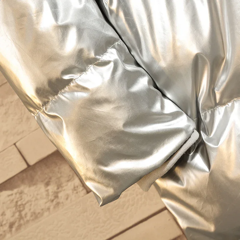 YASUGUOJI New 2024 Fashion Bright Silver Winter Man Jacket Thick Cotton Padded Mens Jackets and Coats Hooded Warm Long Parka Men - Image 3