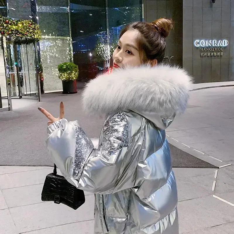 Winter Silver Glossy Down Jacket New Women's big fur neck hooded coat Female Thicken Parkas Fashion Short sequined jackets XQ331 - Image 2