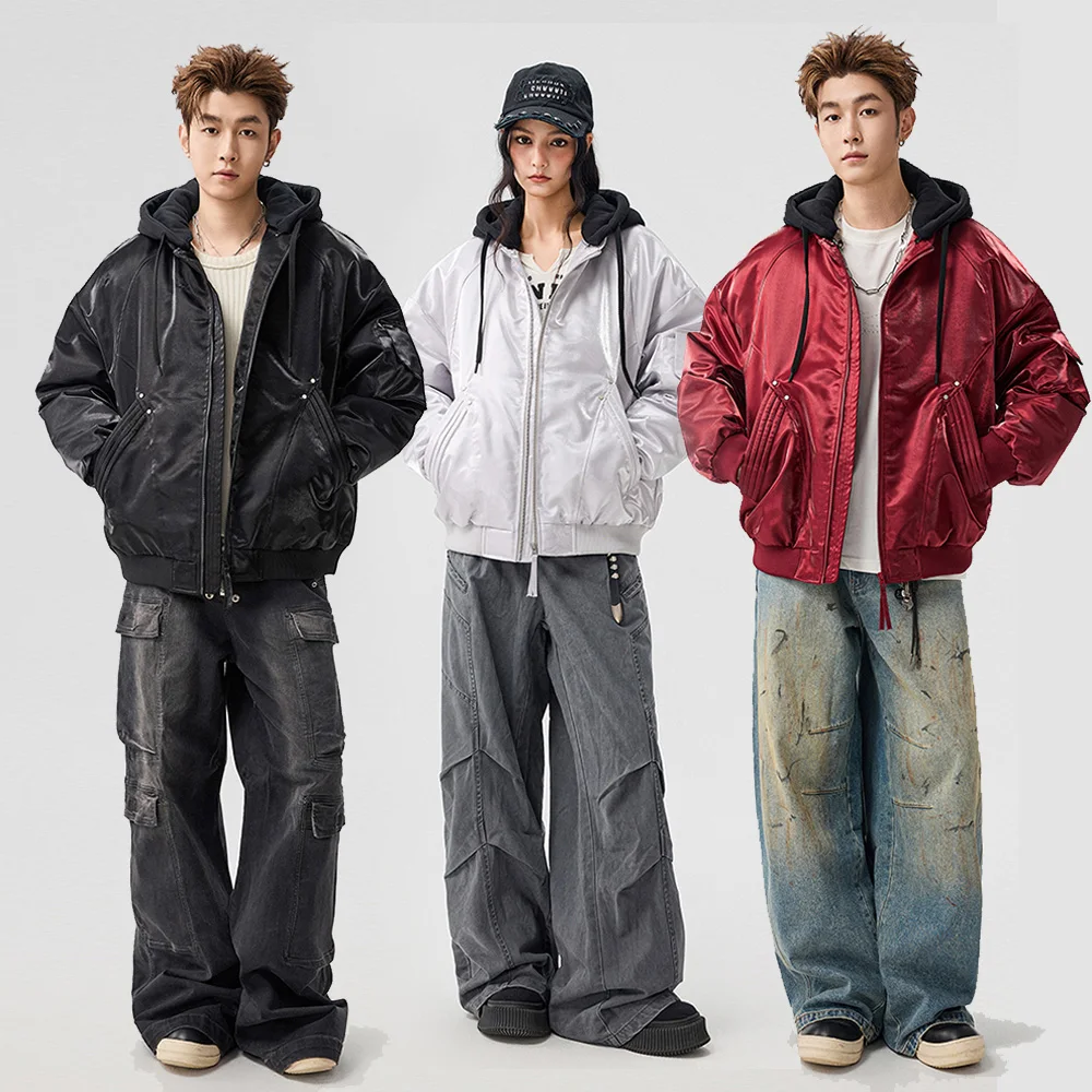 Men Women Winter Streetwear Metallic Glossy Loose Casual Hooded Down Jacket Fashion Warm Thick Down Bomber Coat Varsity Jacket - Image 5