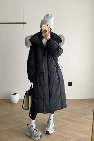 Women Winter Warm Real Natural Silver Fox Fur Collar White Goose Down Jackets Outdoor Puffer Jackets Thick Coat Female Outwear